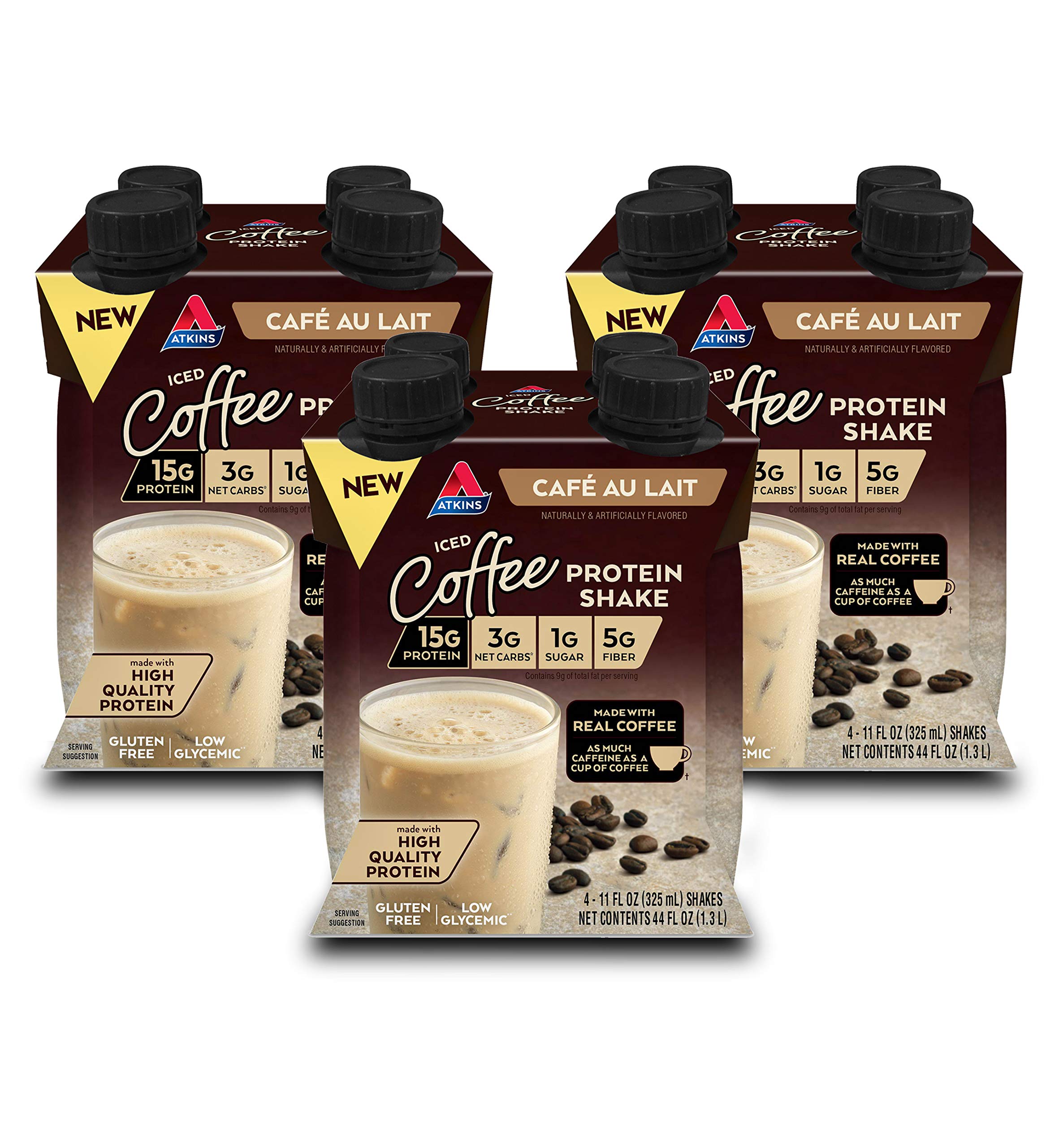 Atkins Café au Lait iced coffee shake bottle front—protein-packed on the go.