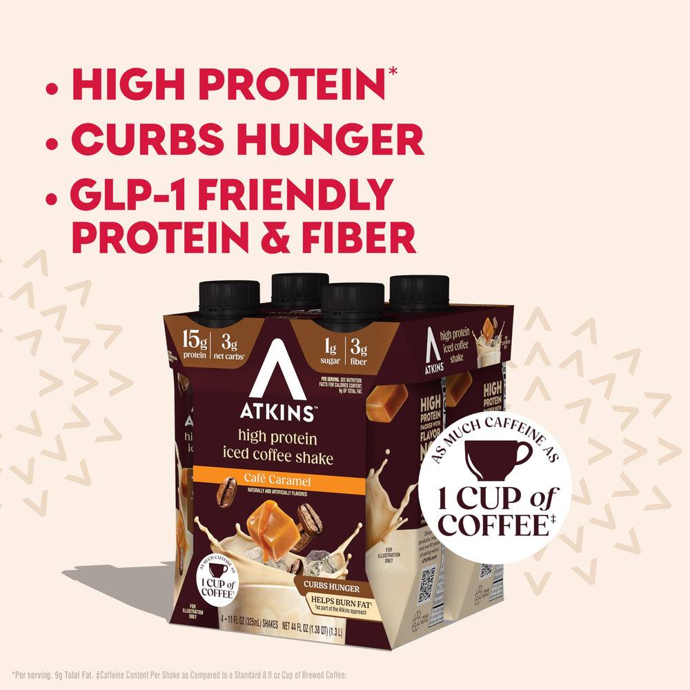 Atkins 12-pack packaging shows convenient multi-pack for daily protein boosts.