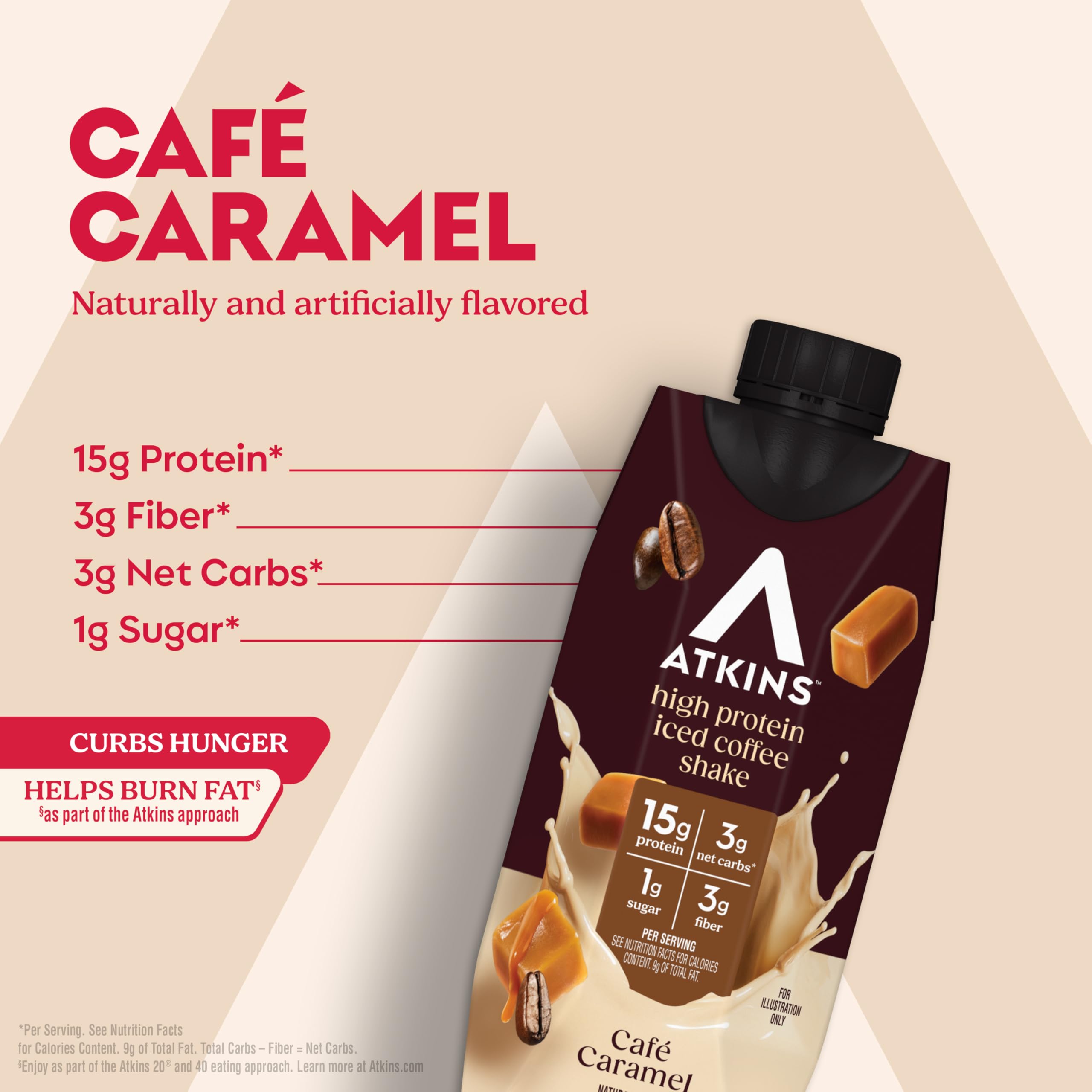 Atkins Café Caramel swirl shows coffee flavor highlight for indulgent, convenient breakfast.