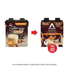 Atkins Café Caramel label emphasizes gluten-free, low sugar nutrition for keto-friendly sipping.