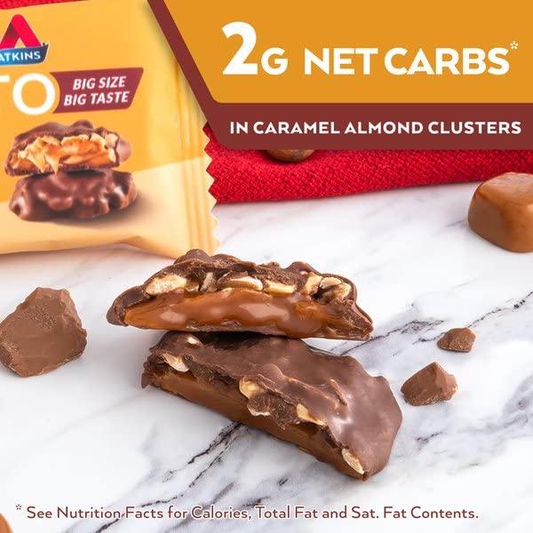 Close-up of Atkins Caramel Almond Clusters shows almond crunch and caramel.