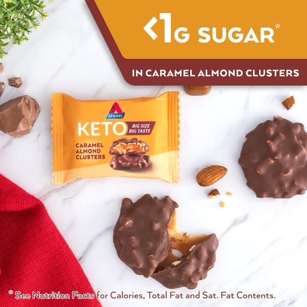 Gluten-free Atkins Caramel Almond Clusters label on packaging.