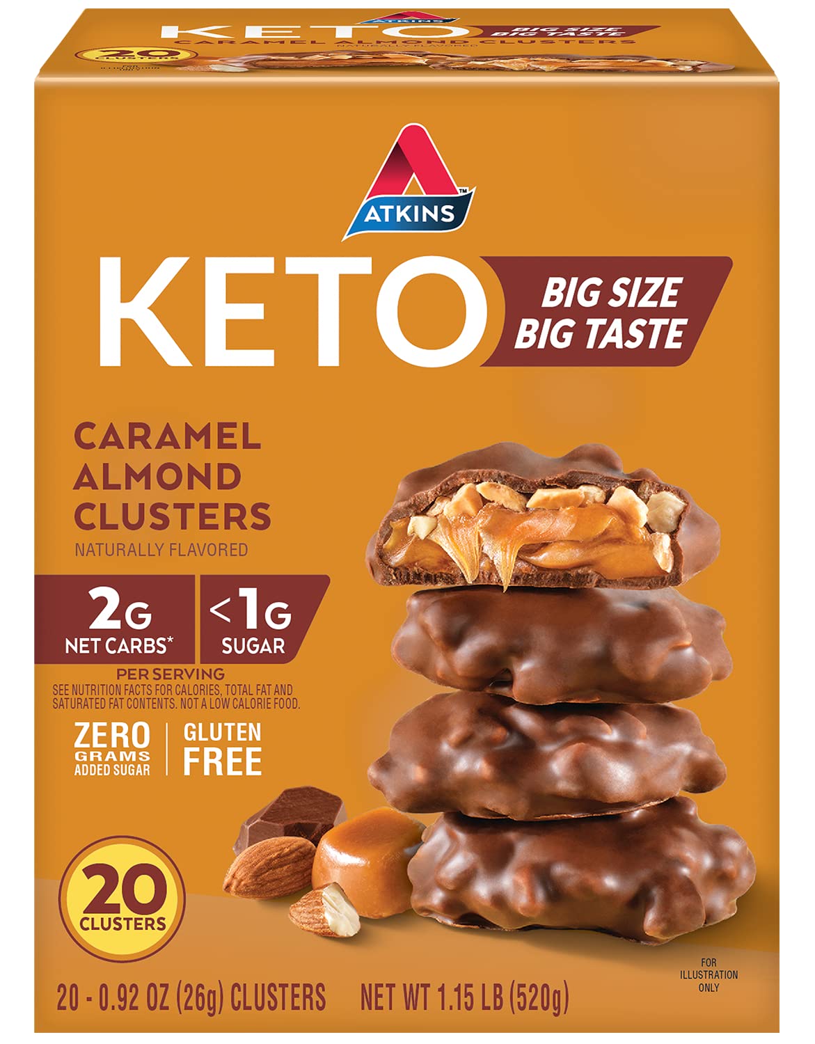 Atkins Caramel Almond Clusters packaging on shelf, gluten-free keto-friendly snack.