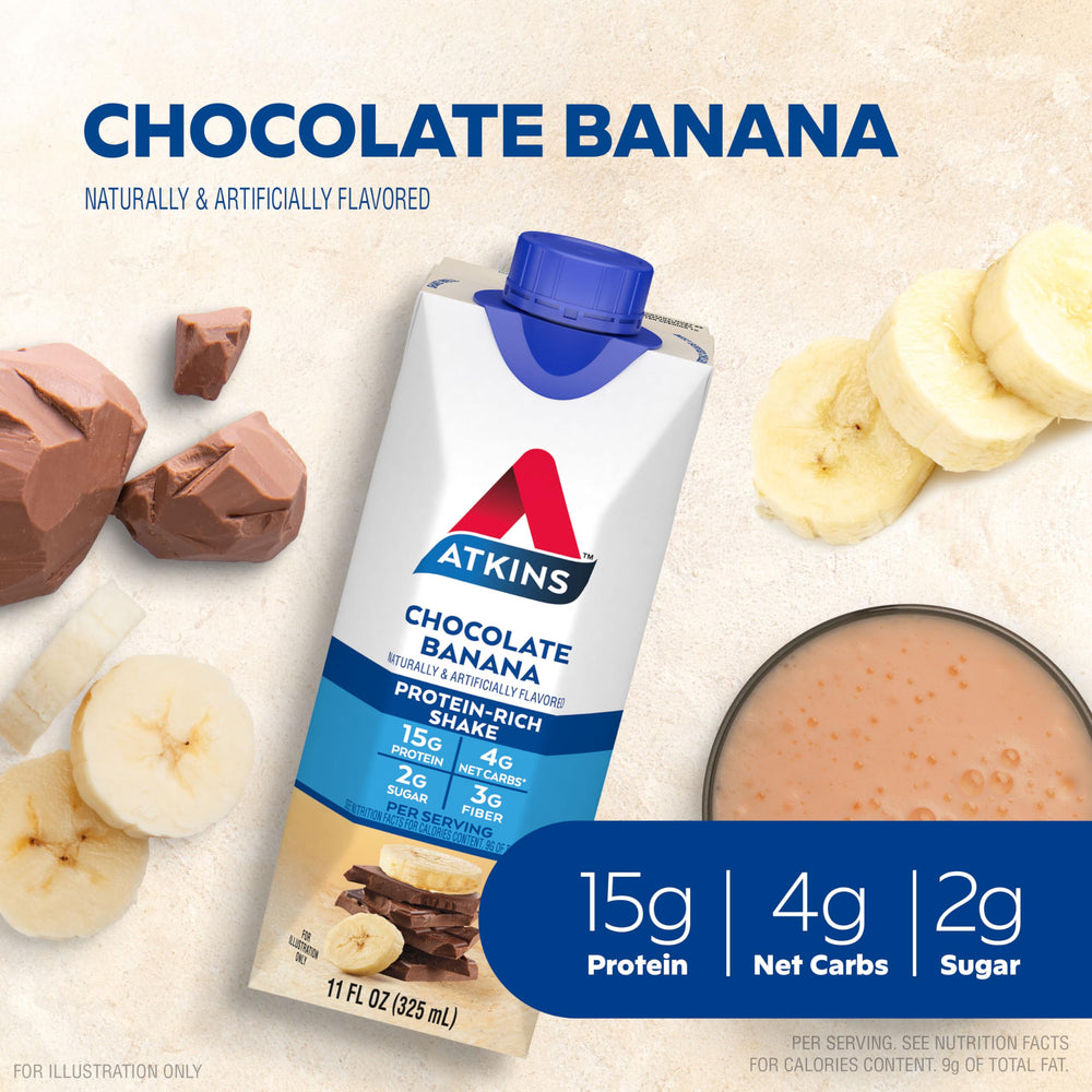 Glass of Atkins shake showcases creamy texture ideal for breakfast.