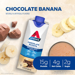 Glass of Atkins shake showcases creamy texture ideal for breakfast.