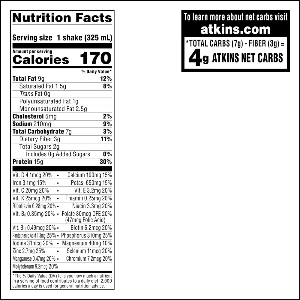 Ingredients panel on Atkins shake hints at protein and fiber content.