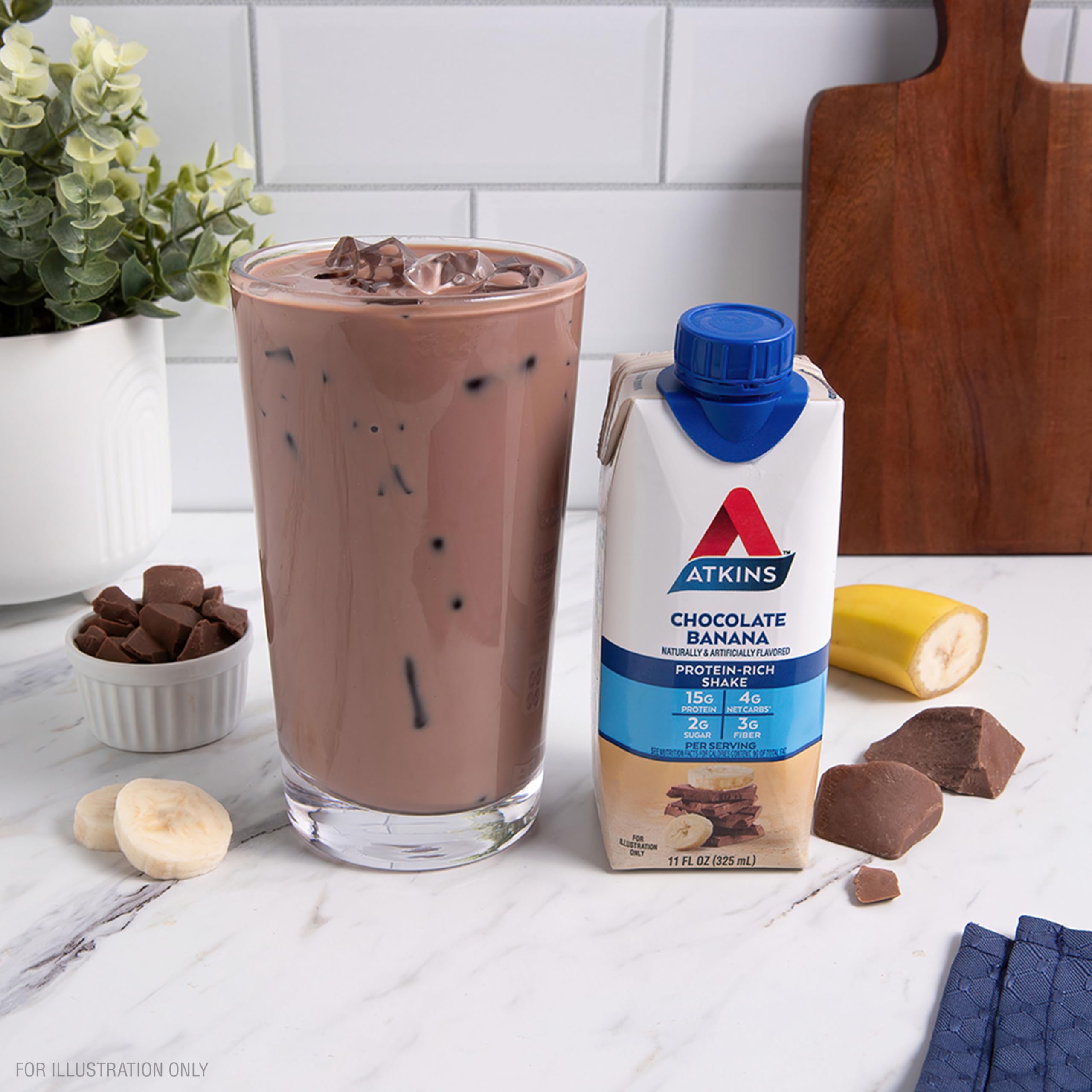 Shop shelf featuring Atkins packaging emphasizes low-carb protein option.