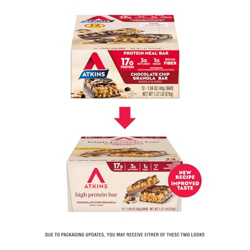Atkins Chocolate Chip Granola Bar cross-section showing protein and crunch.