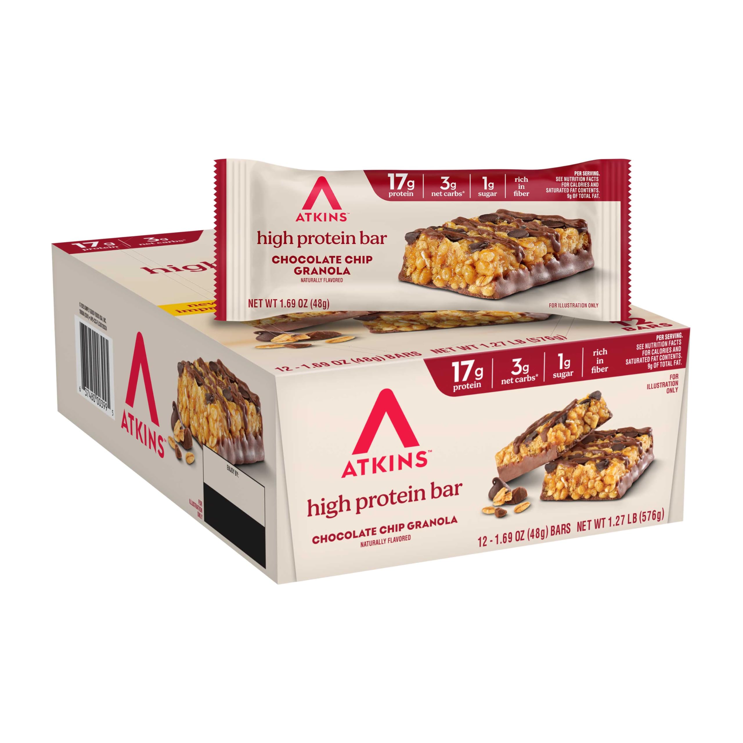 Atkins Chocolate Chip Granola Bar packaging for on the go keto snacking.