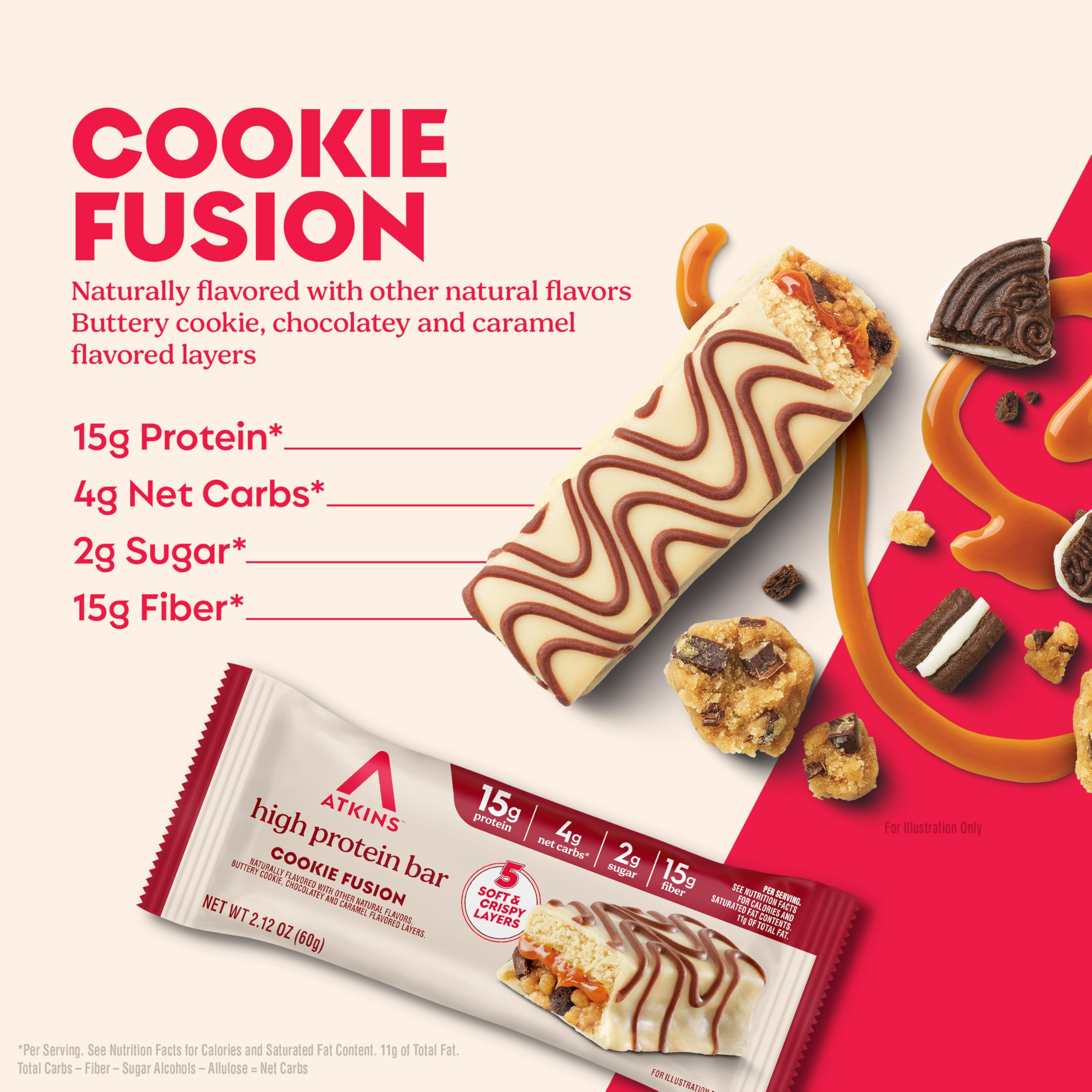 Atkins Cookie Fusion Bar close-up showing cookie pieces and chocolate chunks.