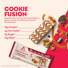 Atkins Cookie Fusion Bar close-up showing cookie pieces and chocolate chunks.