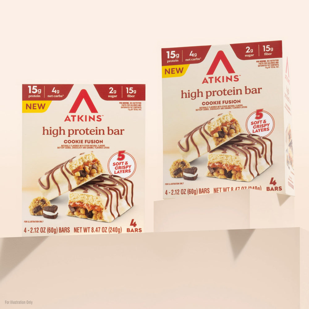 Atkins Cookie Fusion Bar four-pack ready for desk or gym bag.