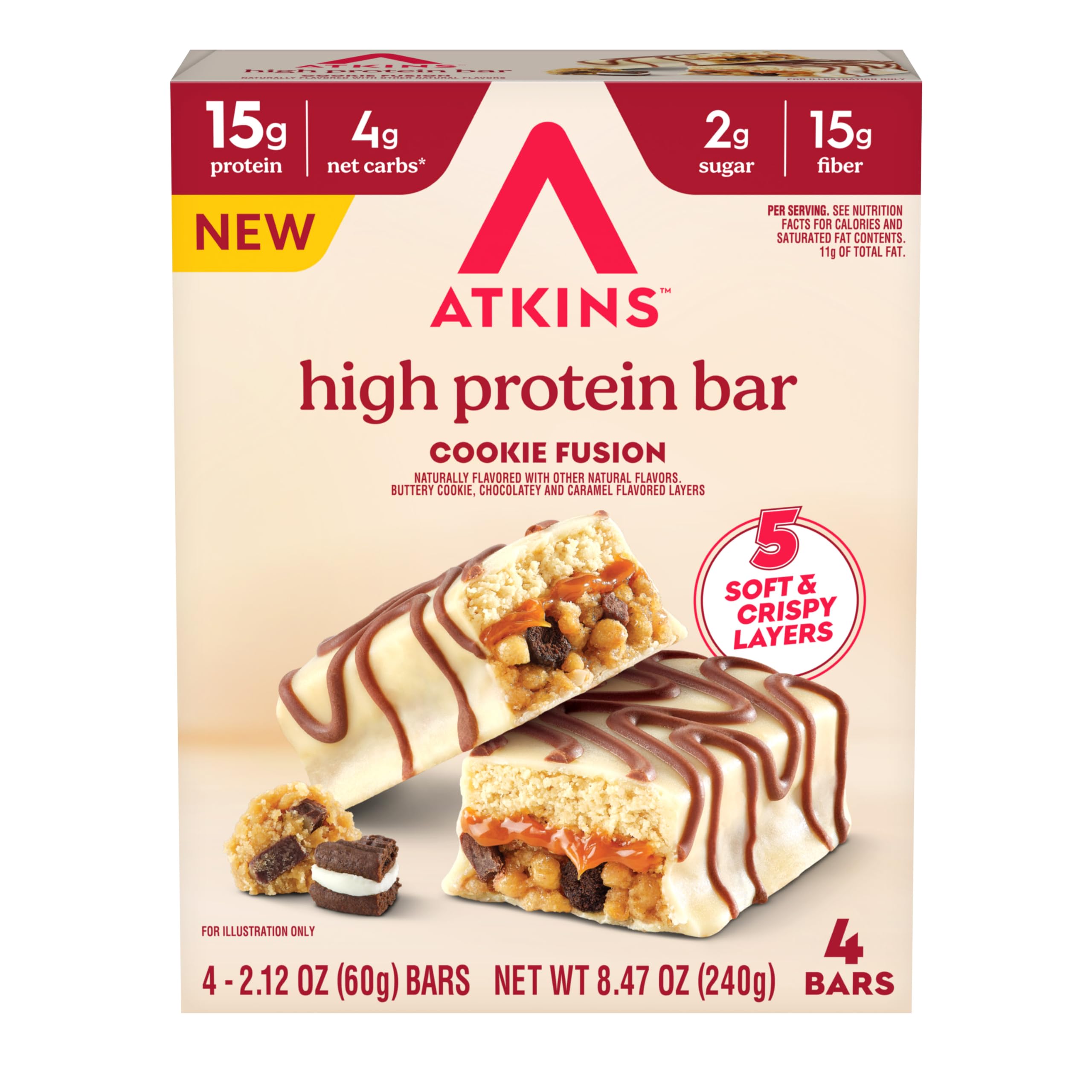 Atkins Cookie Fusion Bar pack front, ideal for a convenient on-the-go protein snack.