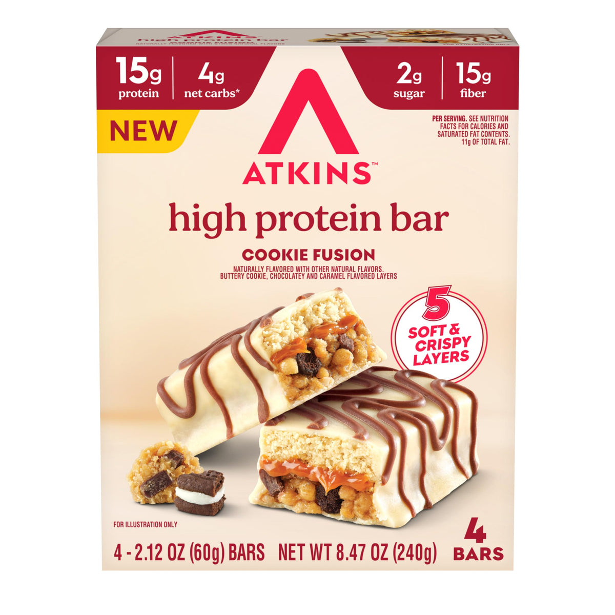 Atkins Cookie Fusion Bar pack front, ideal for a convenient on-the-go protein snack.