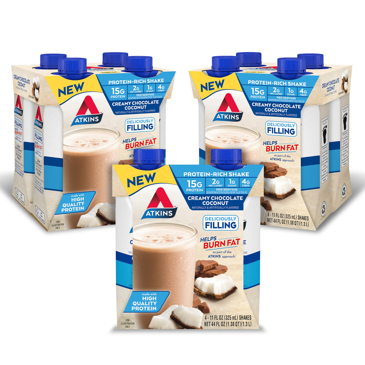Atkins Creamy Chocolate Coconut Shake bottle highlights a protein-rich meal replacement option.