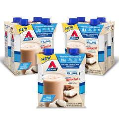 Atkins Creamy Chocolate Coconut Shake bottle highlights a protein-rich meal replacement option.
