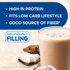 Atkins Creamy Chocolate Coconut Shake glass emphasizes creamy texture and rich flavor in every sip.
