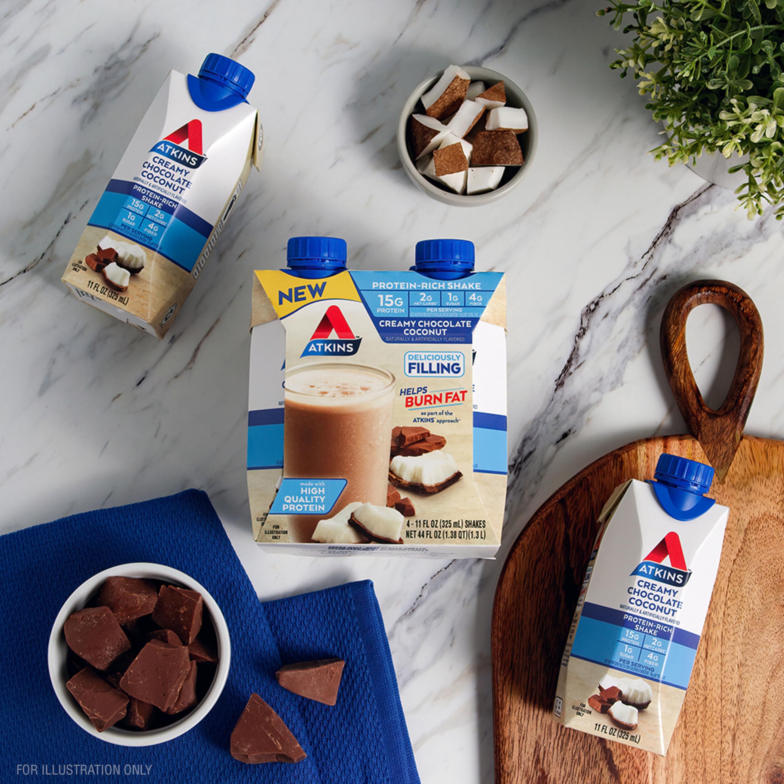 Atkins Creamy Chocolate Coconut Shake nutrition facts panel highlights 15g protein per serving.