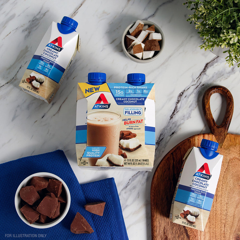 Atkins Creamy Chocolate Coconut Shake nutrition facts panel highlights 15g protein per serving.