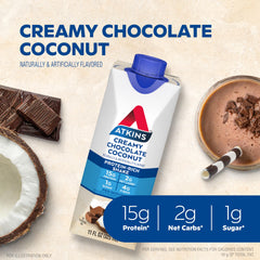 Atkins Creamy Chocolate Coconut Shake pour demonstrates quick, satisfying keto-friendly protein for busy mornings.