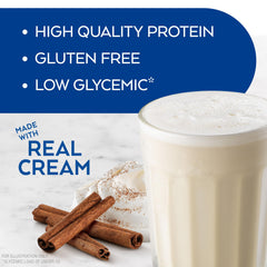 Atkins Creamy Cinnamon Swirl glass, chilled shake ready to fuel busy mornings