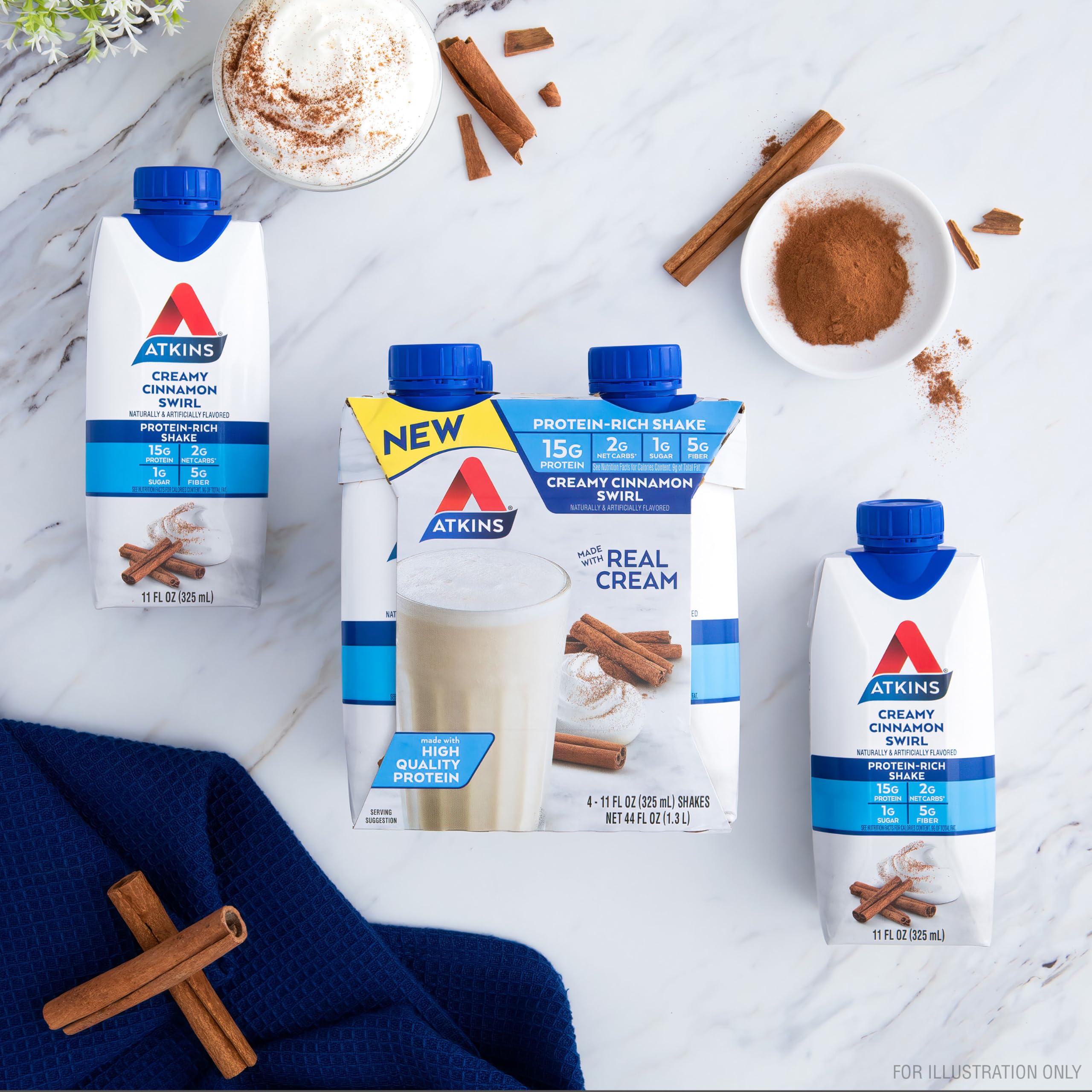 Atkins Creamy Cinnamon Swirl packaging, convenient single-serve bottles for on-the-go nutrition