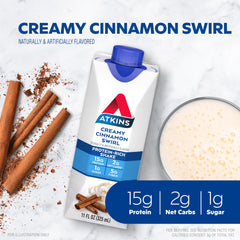 Atkins Creamy Cinnamon Swirl pour, ideal post-workout recovery with 15g protein