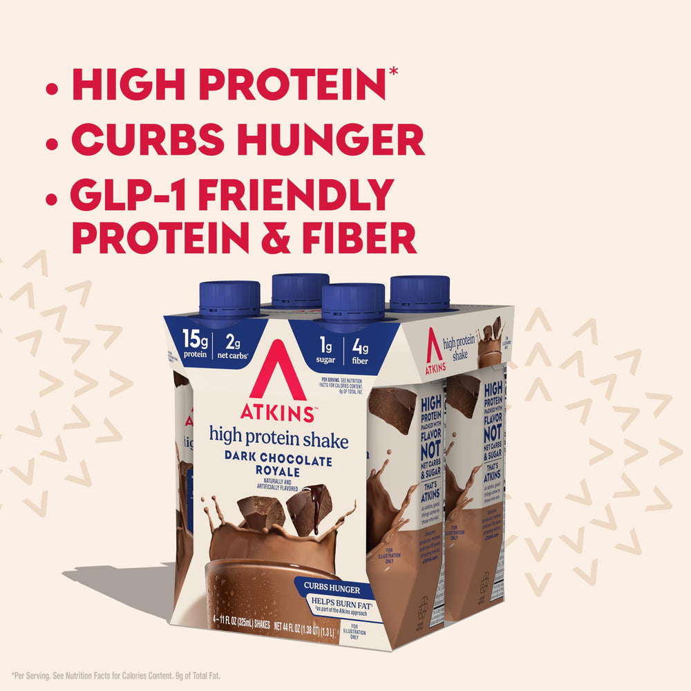 Atkins Dark Chocolate Royale 12-pack carton display for convenient on-the-go nutrition.