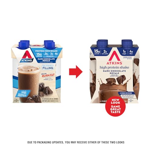 Atkins Dark Chocolate Royale label shows 15g protein and 2g net carbs per serving.