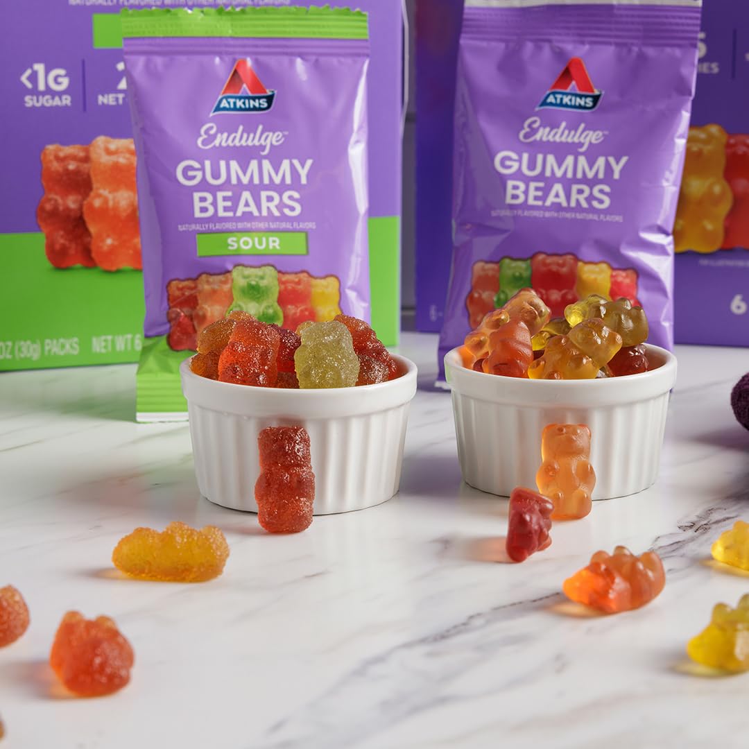 Atkins Endulge Gummy Bears sour bears close-up emphasizing tangy flavor