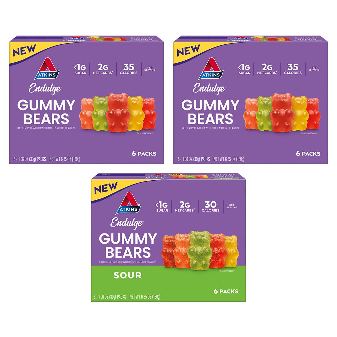 Atkins Endulge Gummy Bears Variety Pack box showcasings sweet and sour flavors for keto-friendly snacking