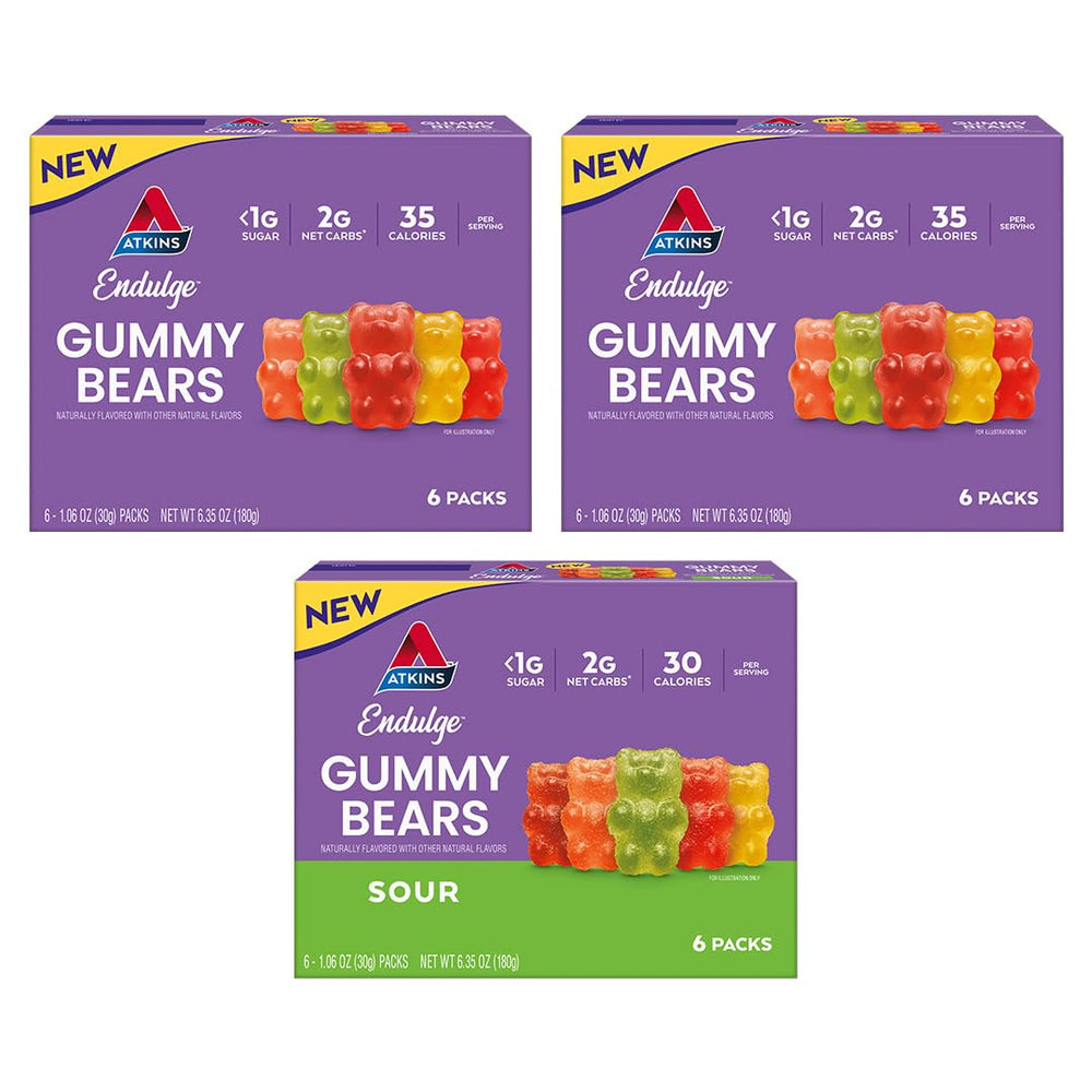Atkins Endulge Gummy Bears Variety Pack box showcasings sweet and sour flavors for keto-friendly snacking