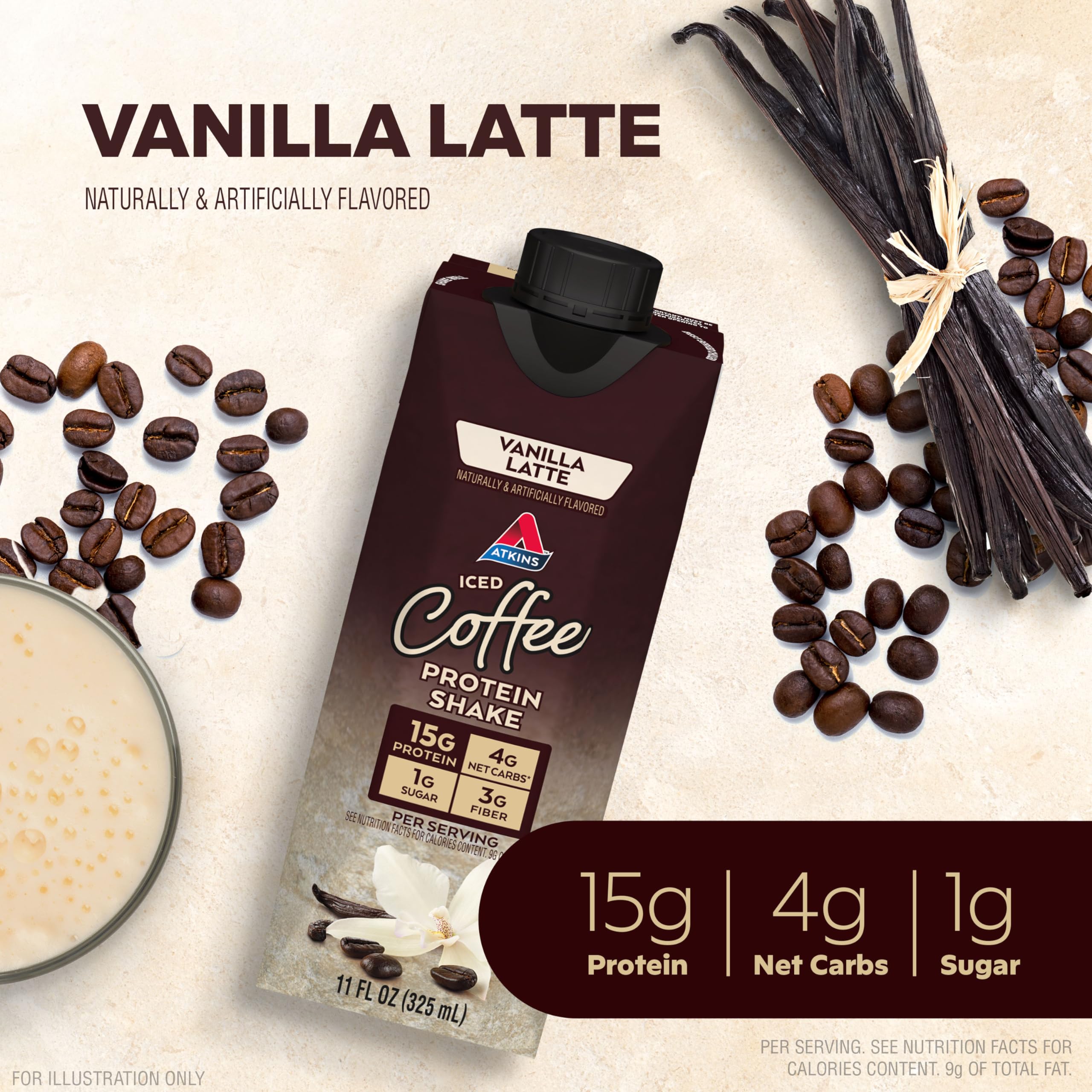 Pouring Atkins shake into a glass reveals vanilla latte flavor and real coffee aroma