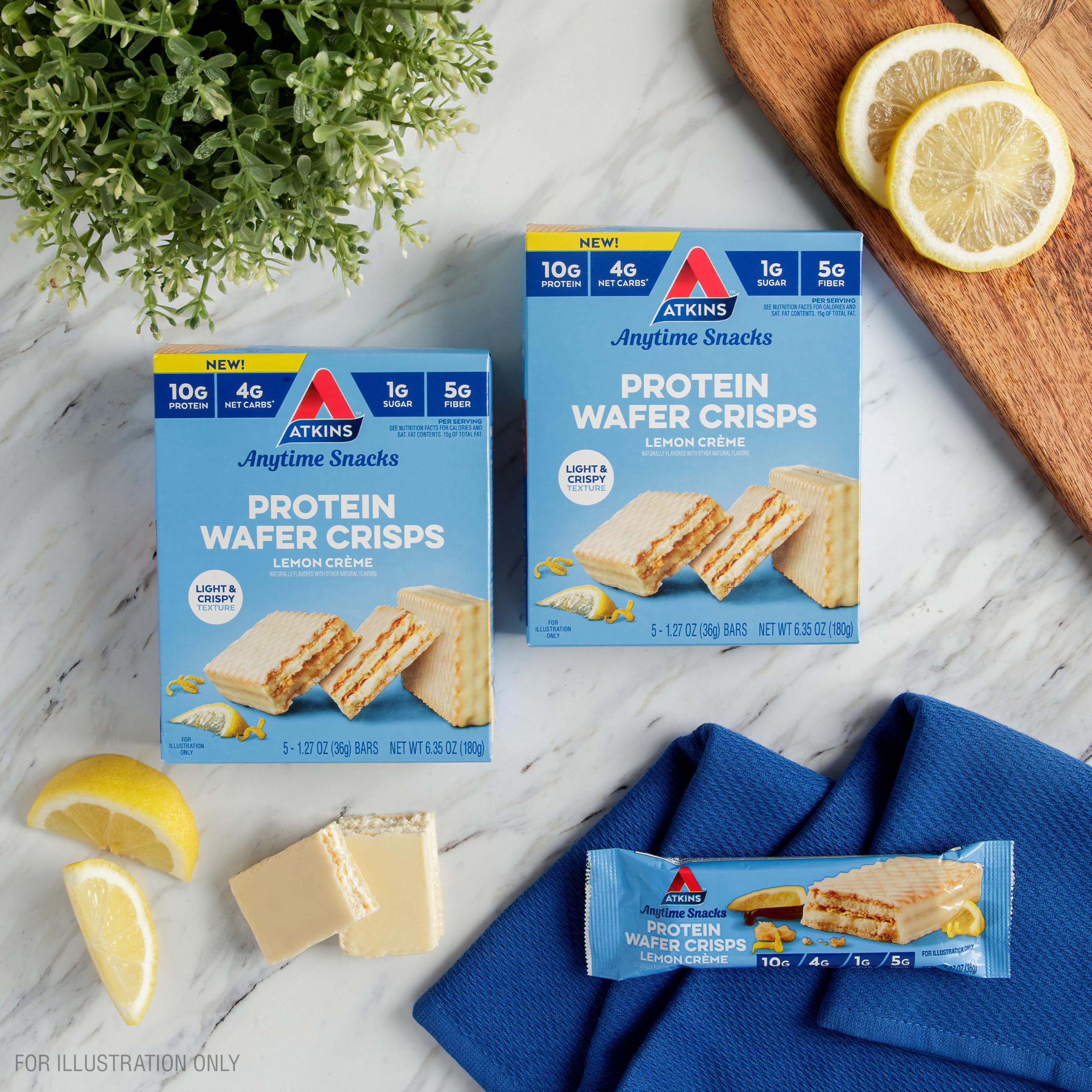 Atkins Lemon Crème Wafer Crisps carton five-count demonstrates portability and value
