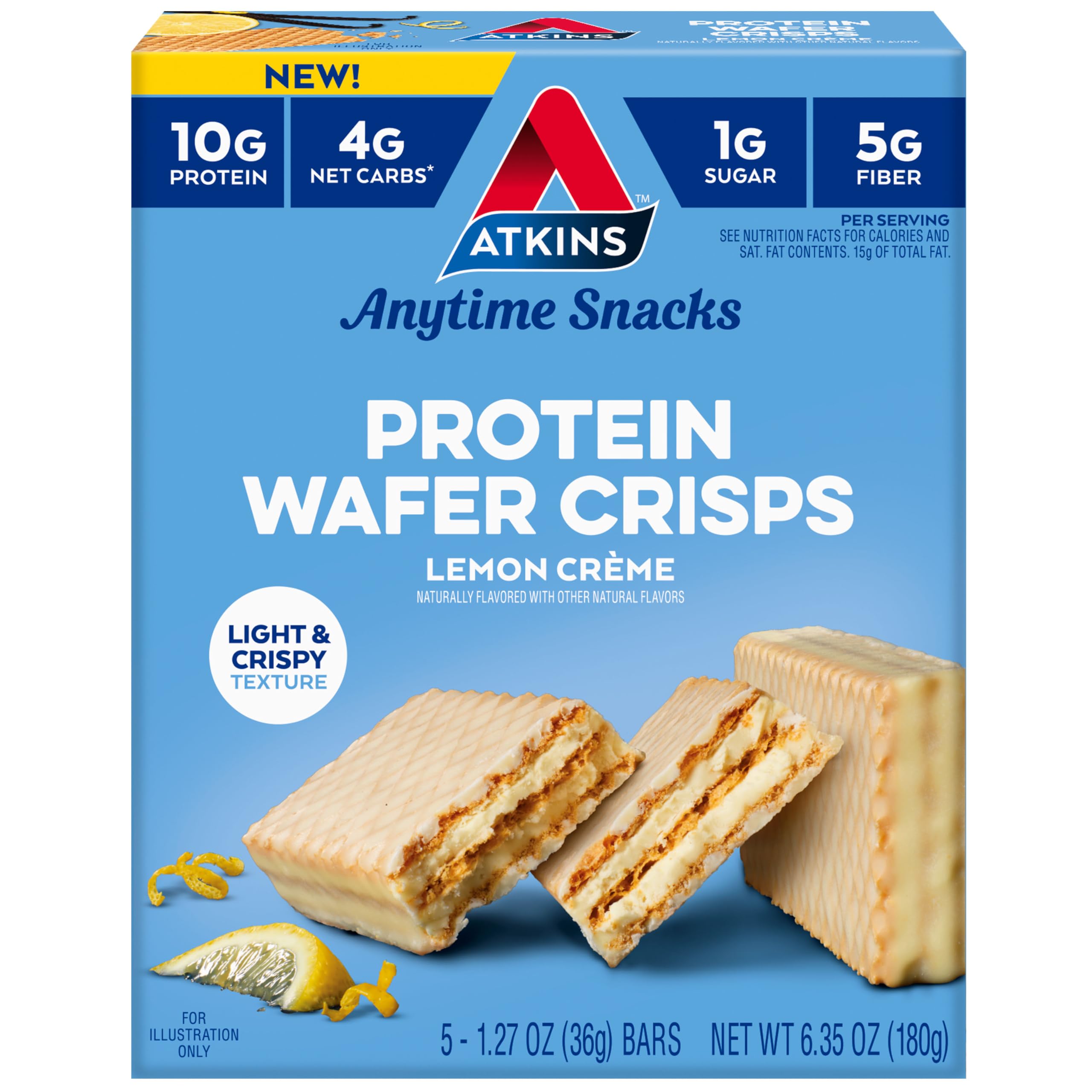 Atkins Lemon Crème Wafer Crisps pack-front shows a convenient five-pack snack
