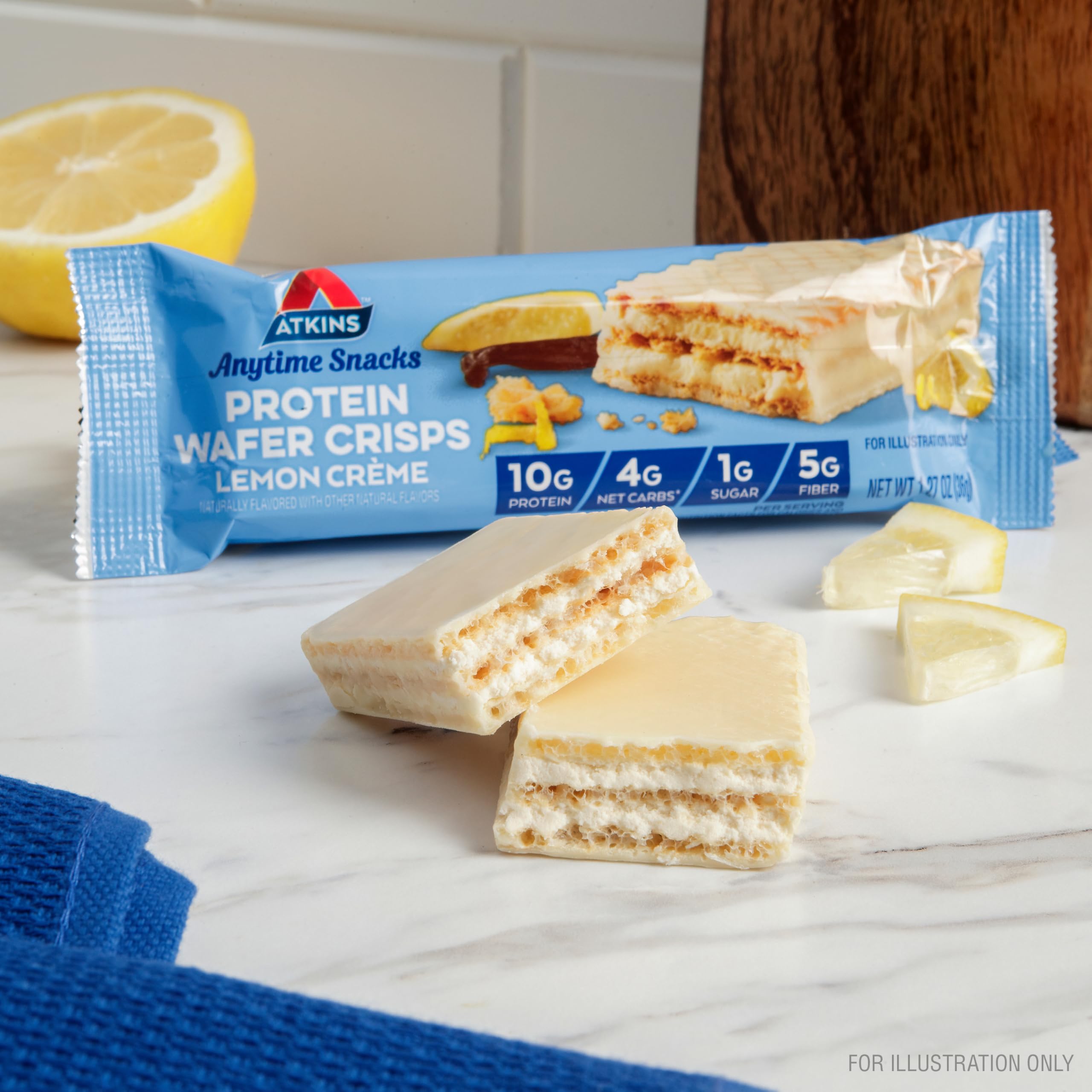 Atkins Lemon Crème Wafer Crisps served on a plate emphasizes lemon flavor appeal