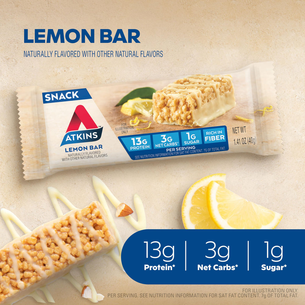 Morning breakfast moment with Atkins lemon bar for sustained focus.
