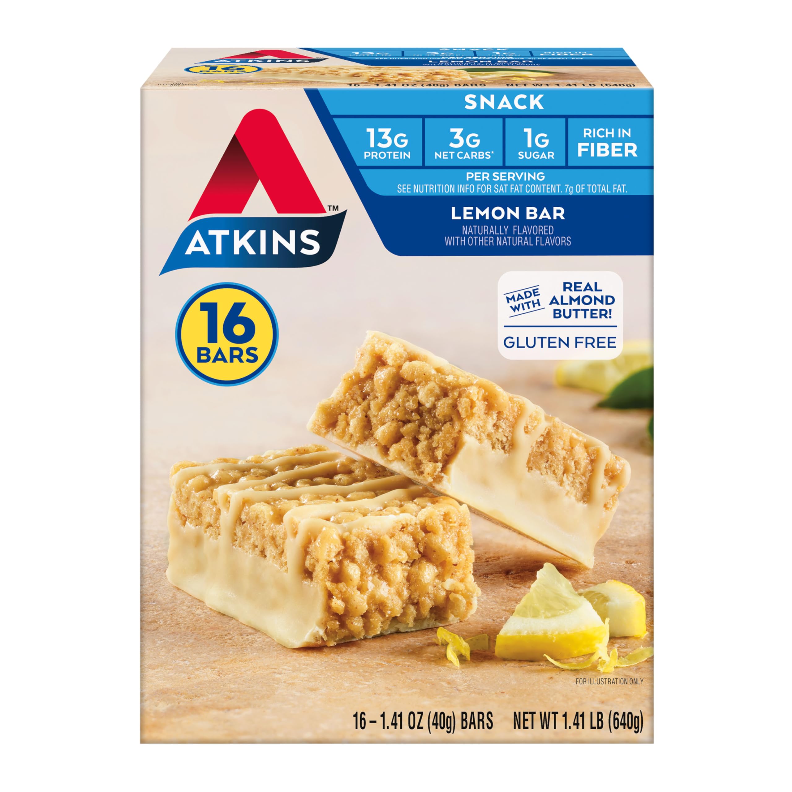 Atkins lemon snack bar packaging shown for on-the-go energy and convenience.