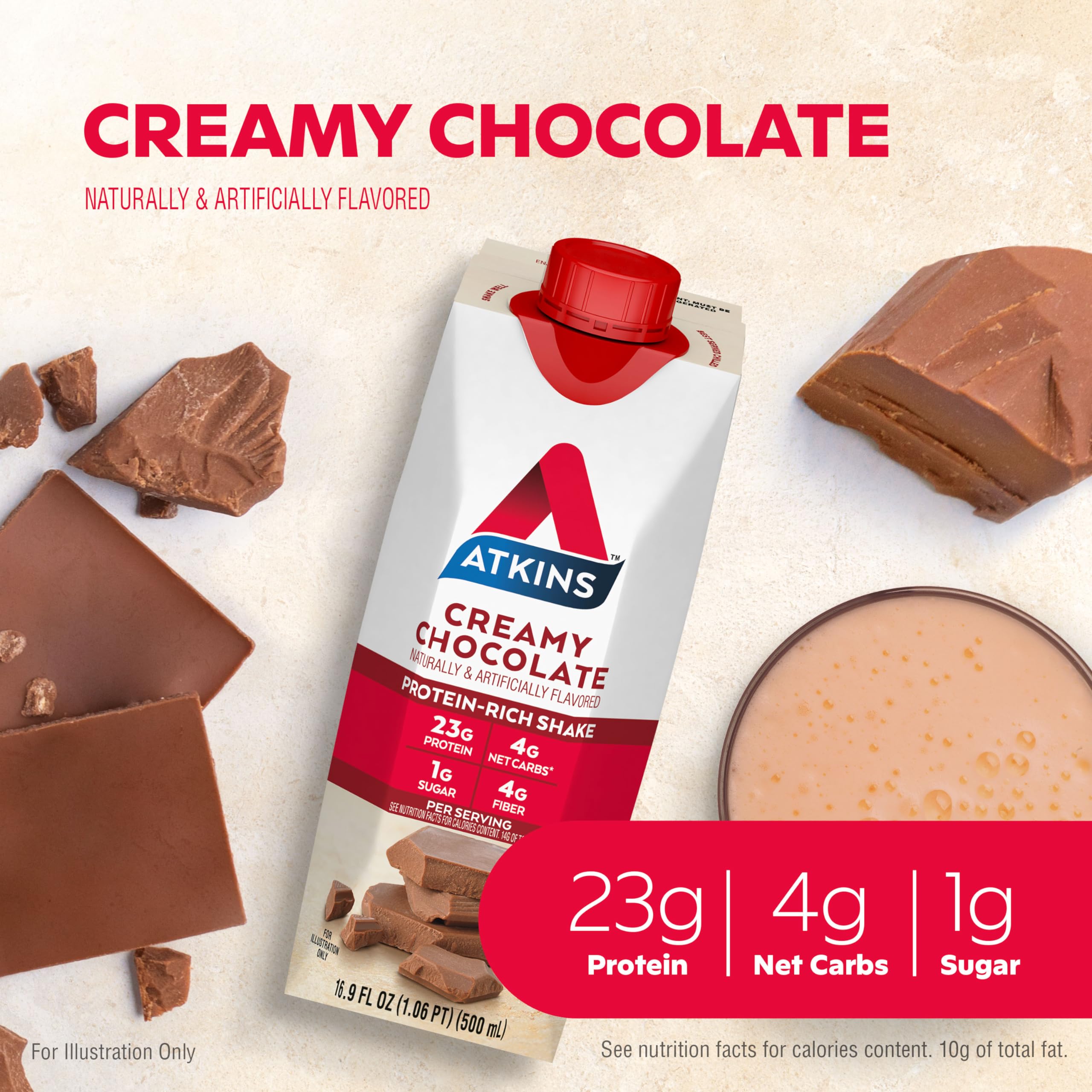 Pouring Atkins Creamy Chocolate Shake into a glass to enjoy a protein rich snack.