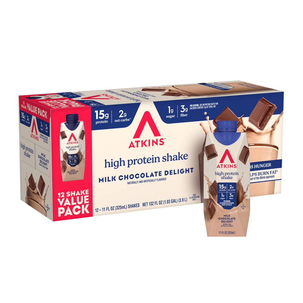 Atkins Milk Chocolate Delight Shake glass pour showing high-protein post-workout option