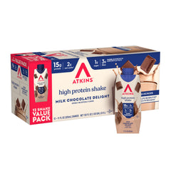 Atkins Milk Chocolate Delight Shake glass pour showing high-protein post-workout option