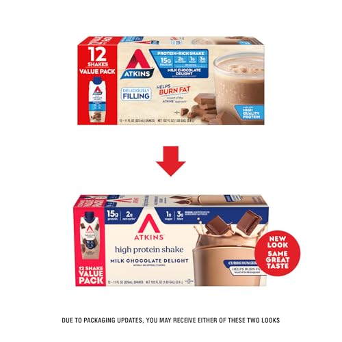 Atkins Milk Chocolate Delight Shake pack shot for busy mornings
