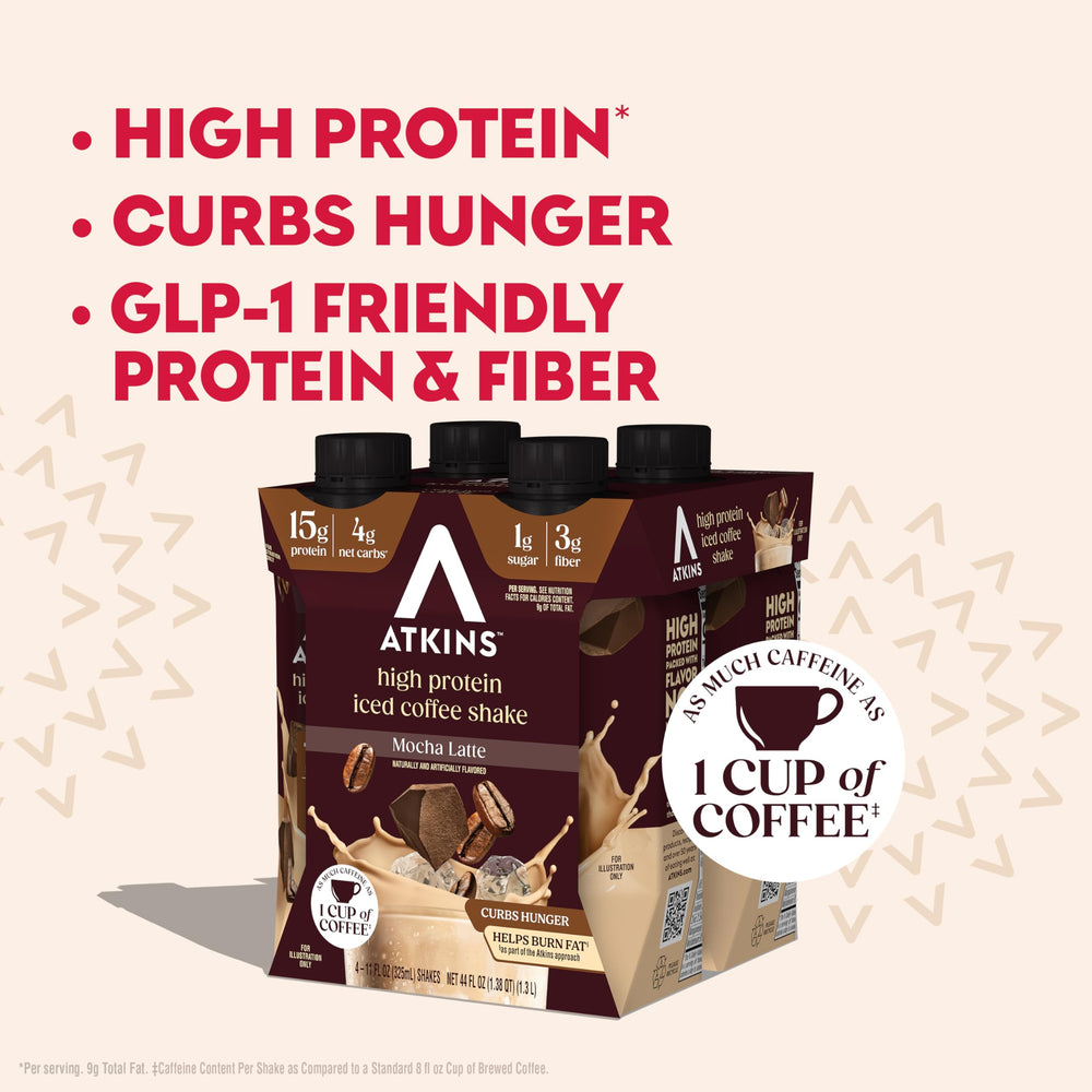 Atkins Mocha Latte coffee beans on counter beside shake, fresh morning flavor.