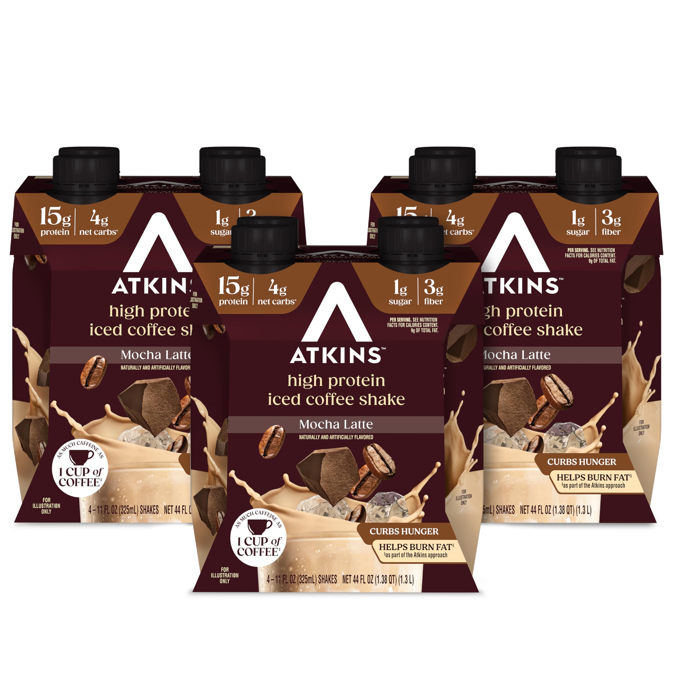 Atkins Mocha Latte iced coffee shake bottle, keto-friendly protein for on-the-go mornings.