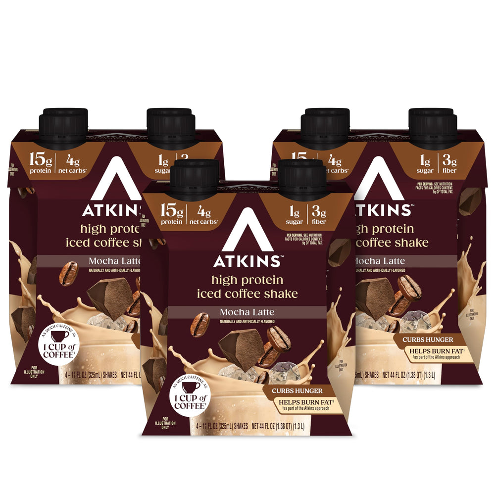 Atkins Mocha Latte iced coffee shake bottle, keto-friendly protein for on-the-go mornings.