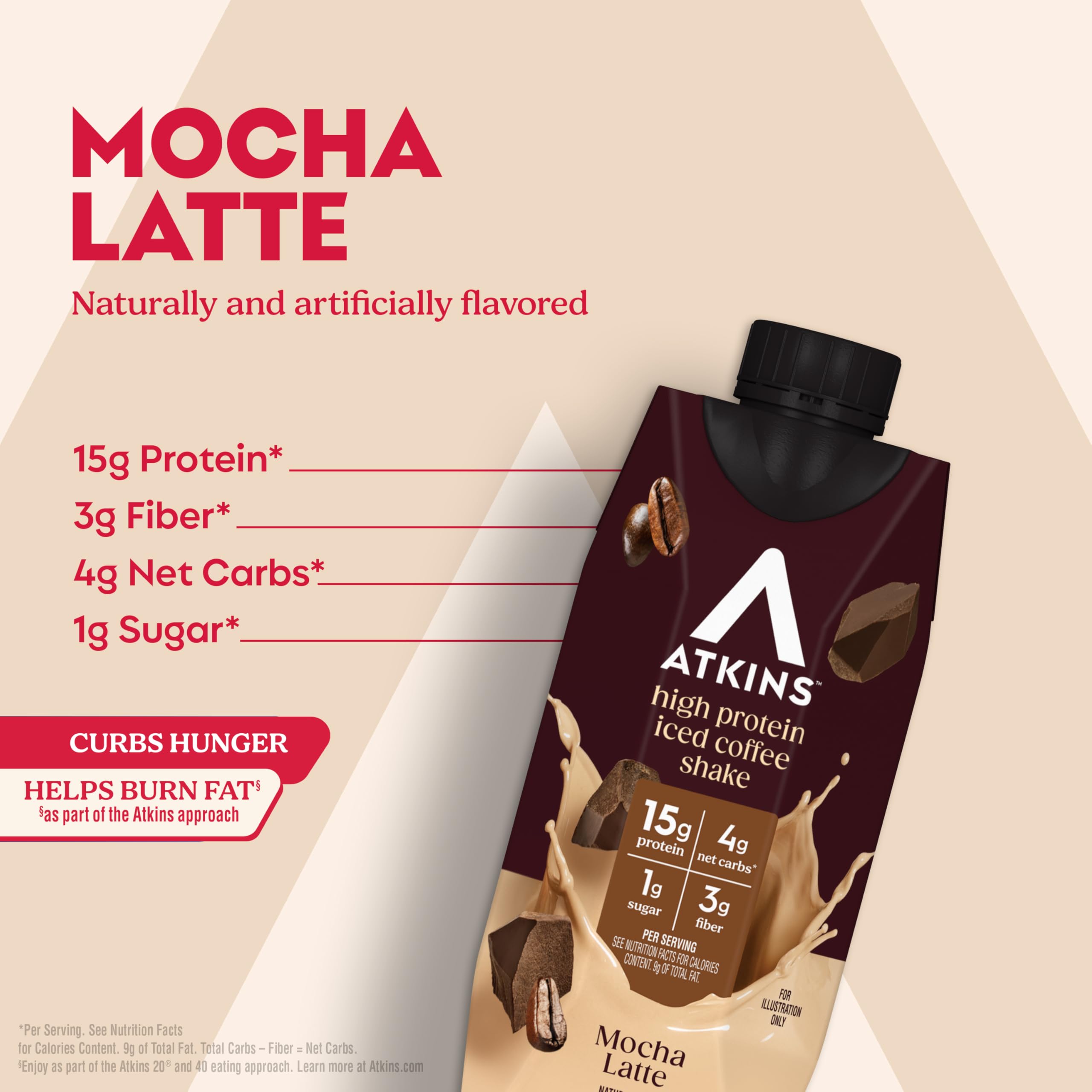 Atkins Mocha Latte label close-up, gluten-free, low-sugar choice for a balanced snack.