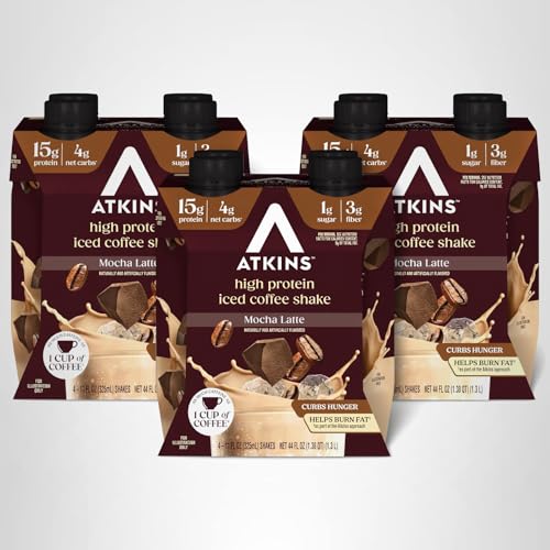 Atkins Mocha Latte serving idea with glass, quick snack solution.