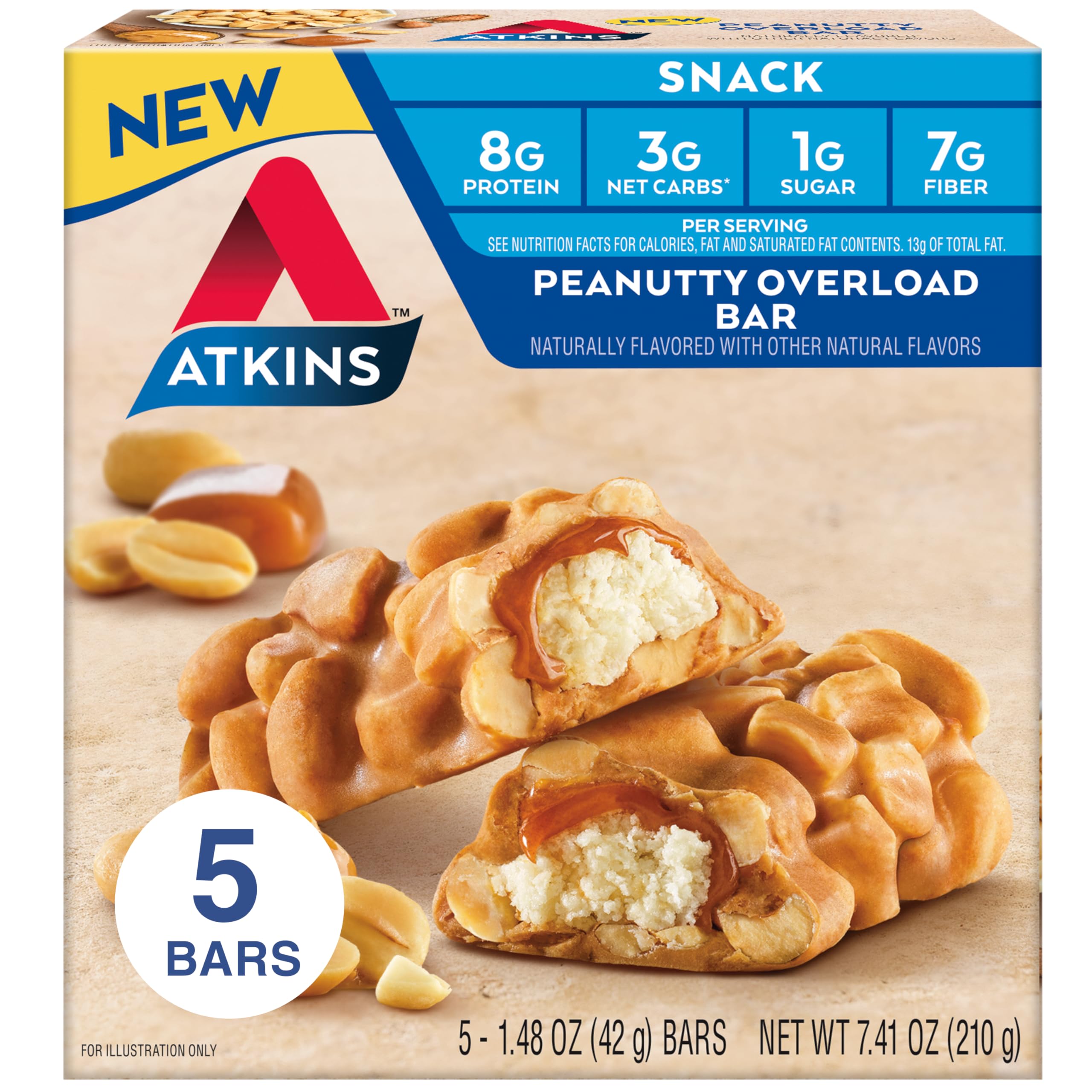 Atkins Peanutty Overload bar pack with five bars for busy days.