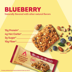 Atkins Soft Baked Blueberry Bar closeup showing high protein and fiber.