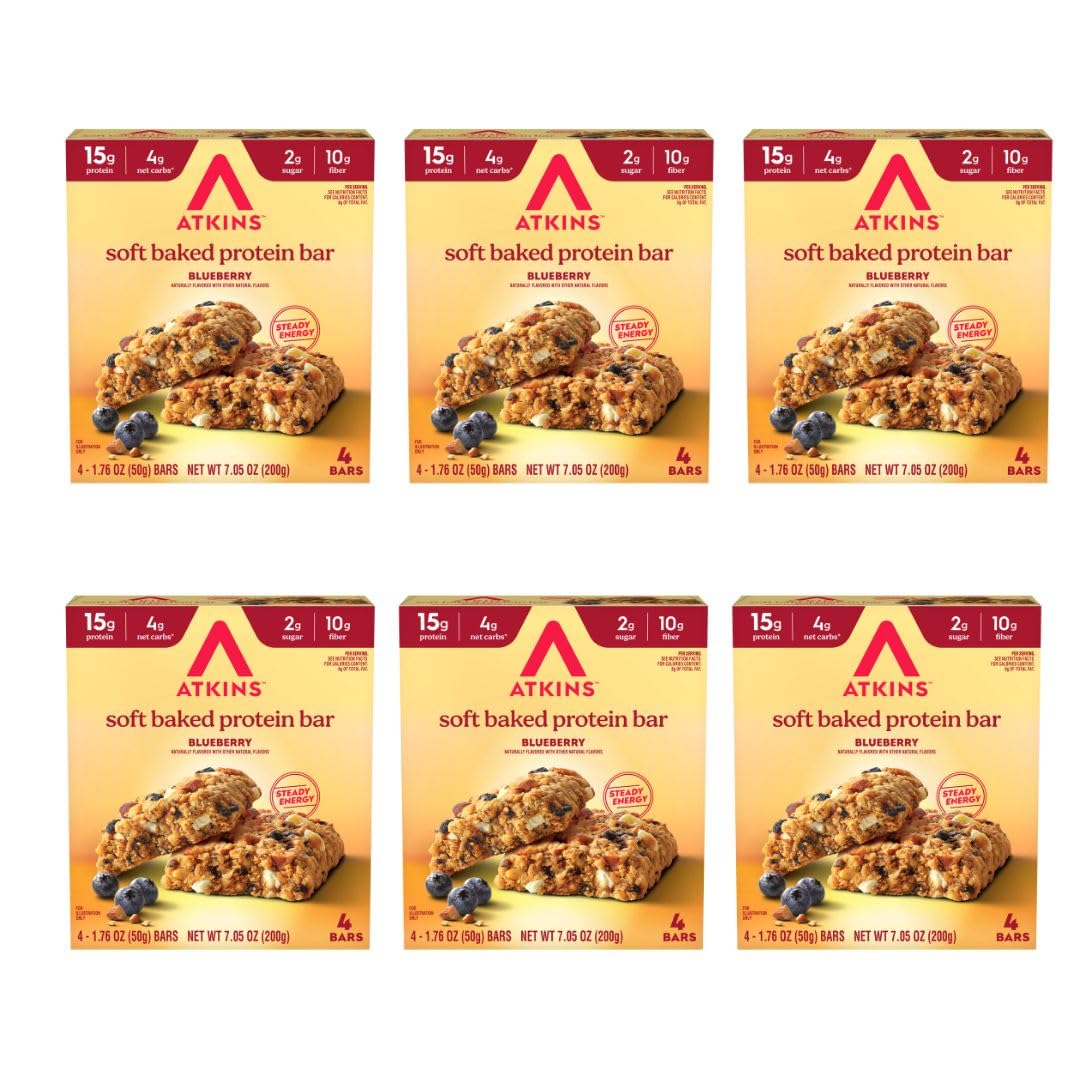 Atkins Soft Baked Blueberry Bar pack for on-the-go protein snack.